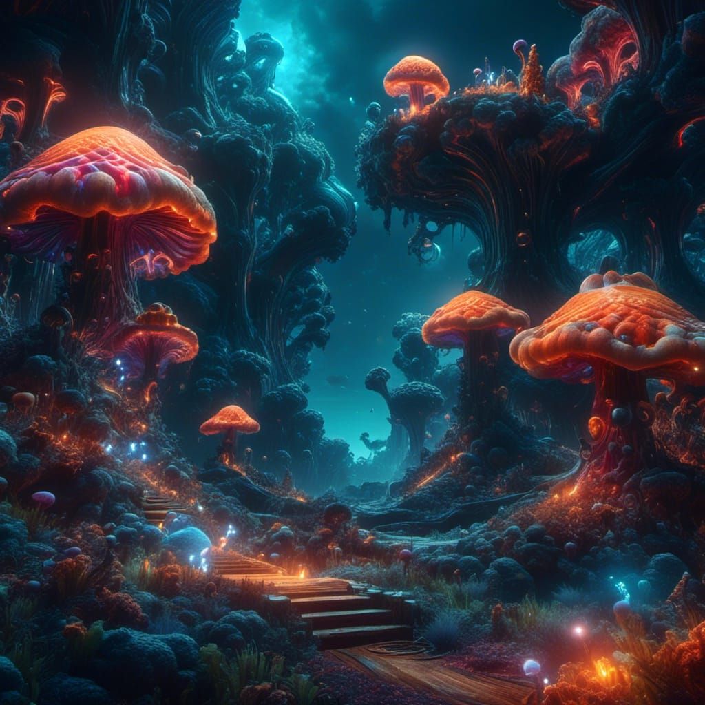 Trippy Worm on Bioluminescent Mushroom in Crazy Land
