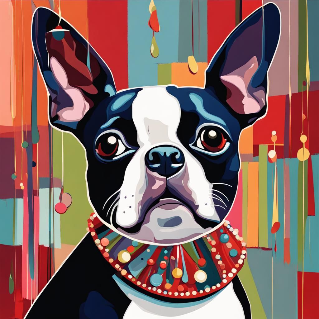 Cute Boston Terrier with Jingle Bells, Maximalist Art