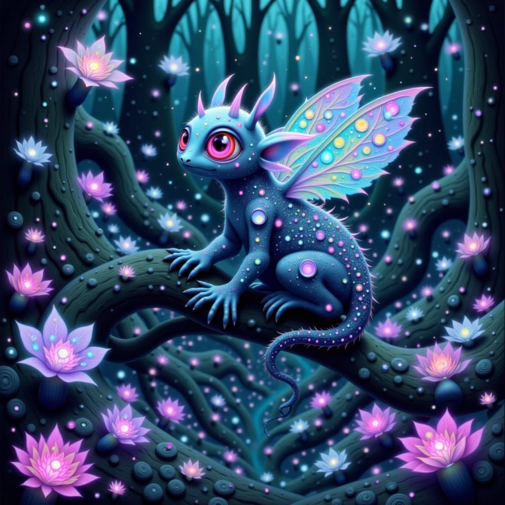 Bioluminescent Creature in Alien Forest, Manga Art Style