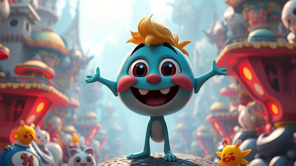 Vibrant Cartoon Character in High-Fantasy Background