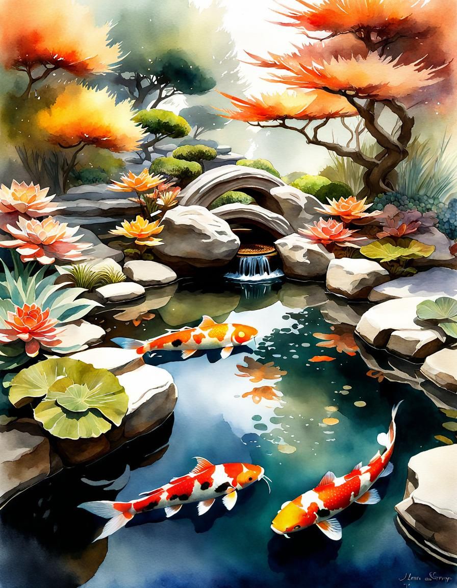 Magical Koi Pond: Watercolor Double Exposure