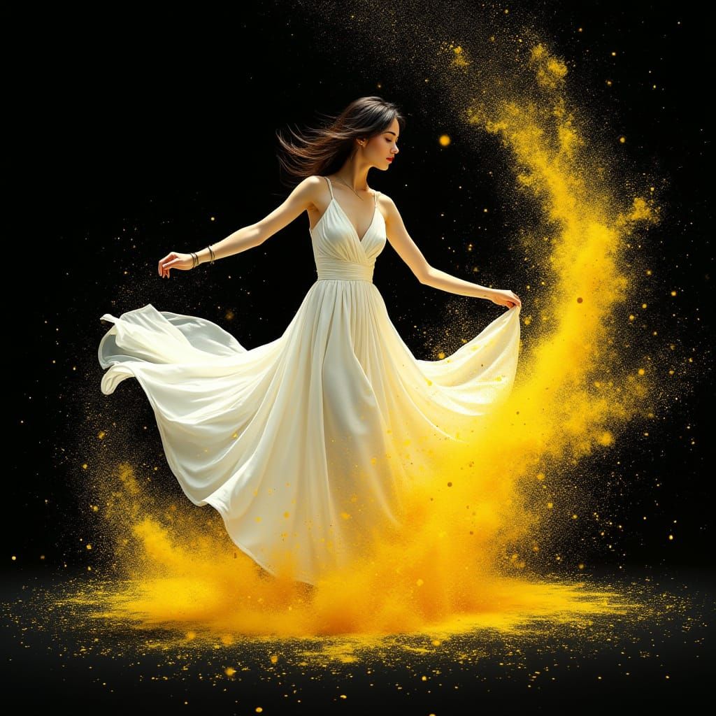 Elegant Woman Dancing in Yellow Dust Storm