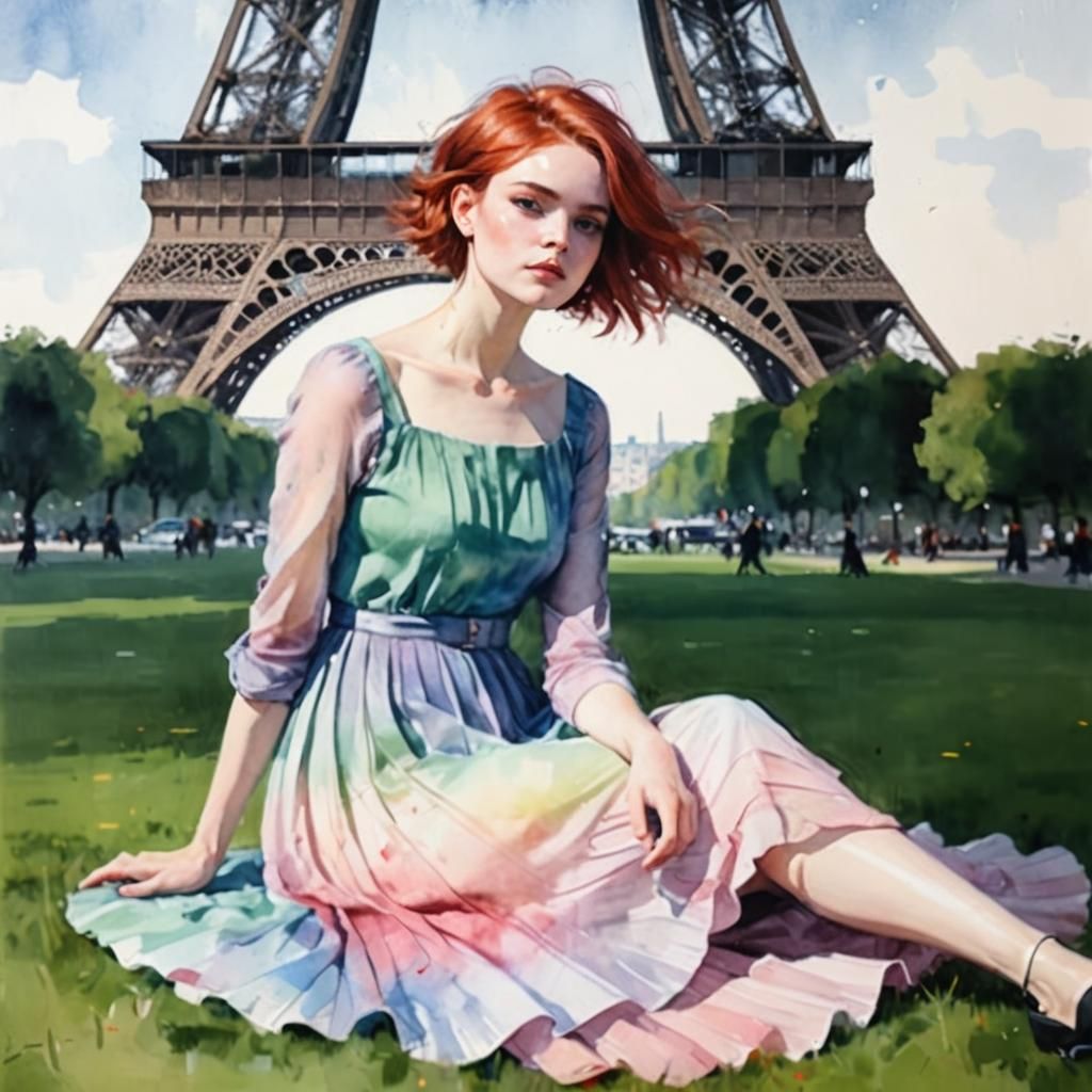 Woman in Pastel Dress in Paris, Watercolor Painting