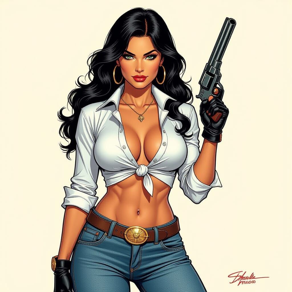 Noir Illustration of Brunette with Revolver