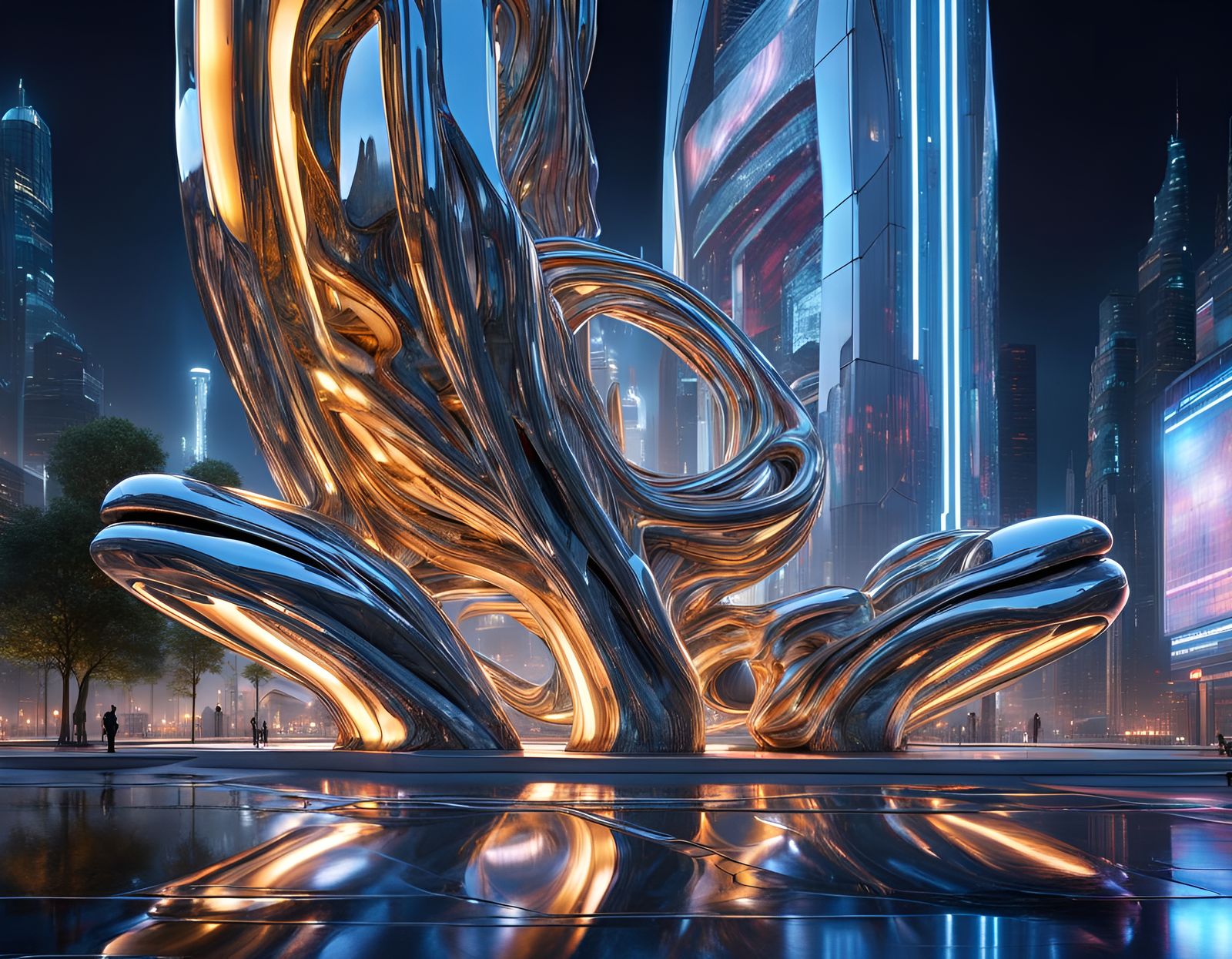 Futuristic City Square Sculpture in Liquid Metal Style