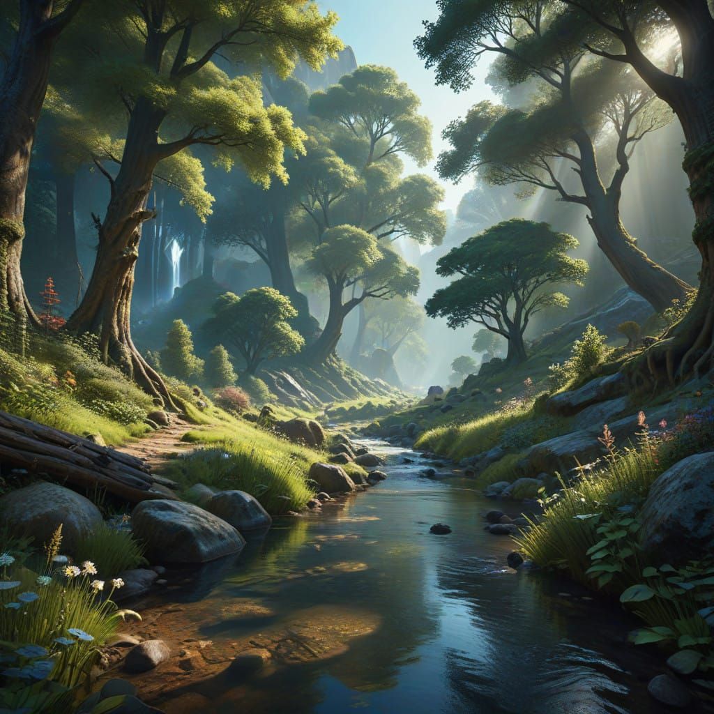 Dreamlike Summer Landscape with Gentle Stream and Vibrant Li...