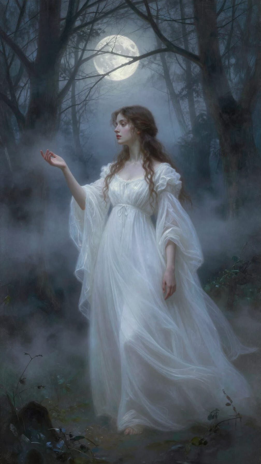 Spectral Catherine Earnshaw in Moonlit Gothic Forest