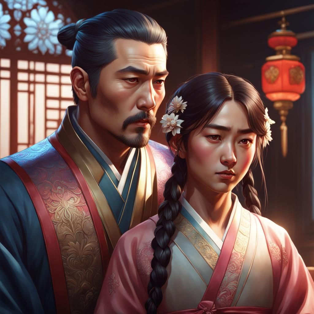 Korean Father and Daughter Portrait in Hyperdetailed Digital...