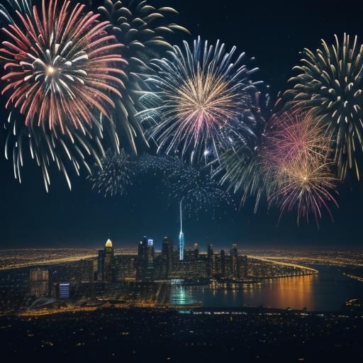 Explosive Fireworks Over Calm City, Digital Art