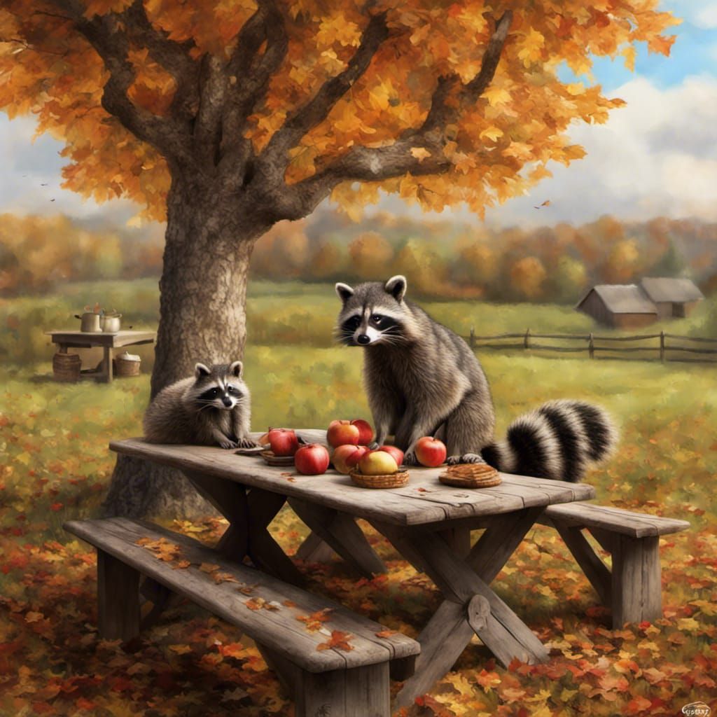 Autumn Farm Table with Raccoon and Squirrel
