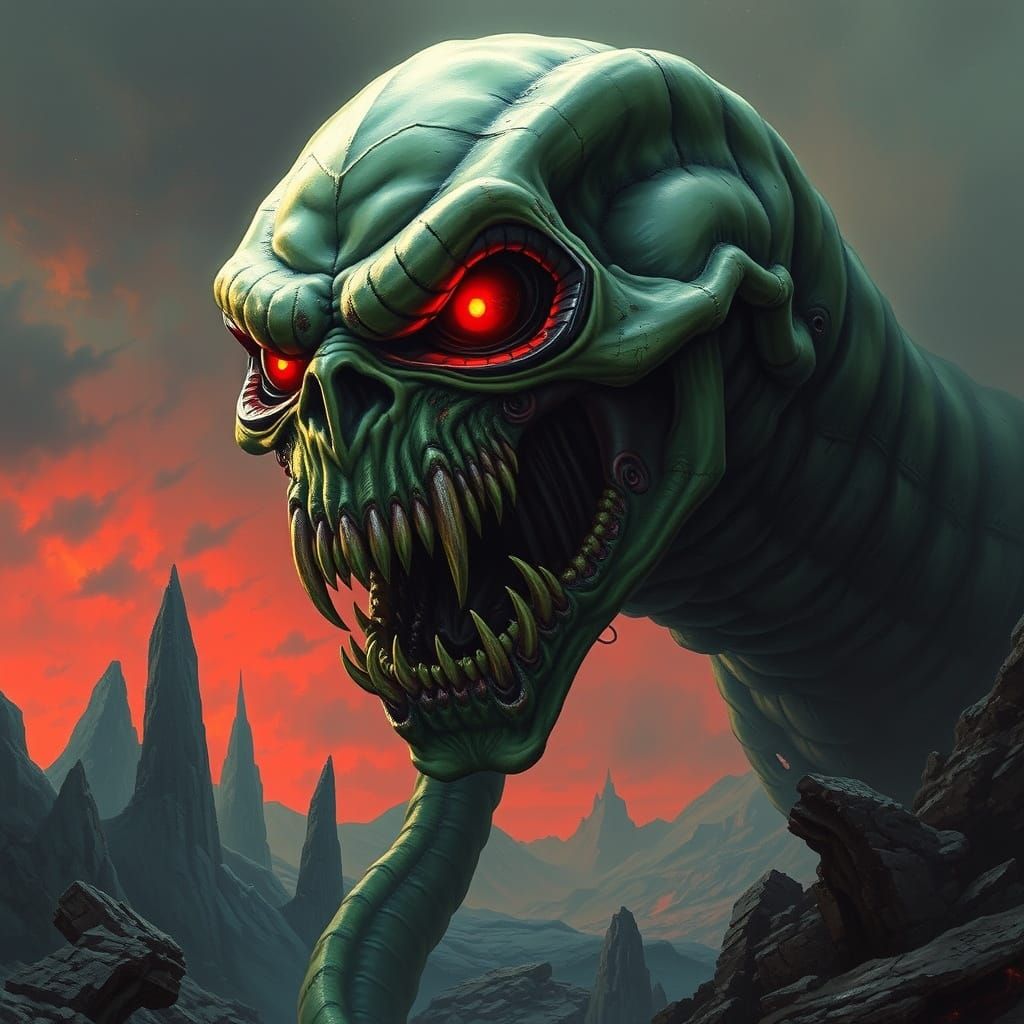 Grotesque, Biomechanical Creature with Glowing Red Eyes