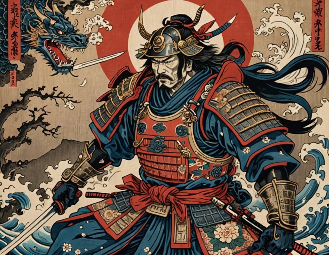 Samurai Warrior Battle Against Red Sun in Woodblock Print