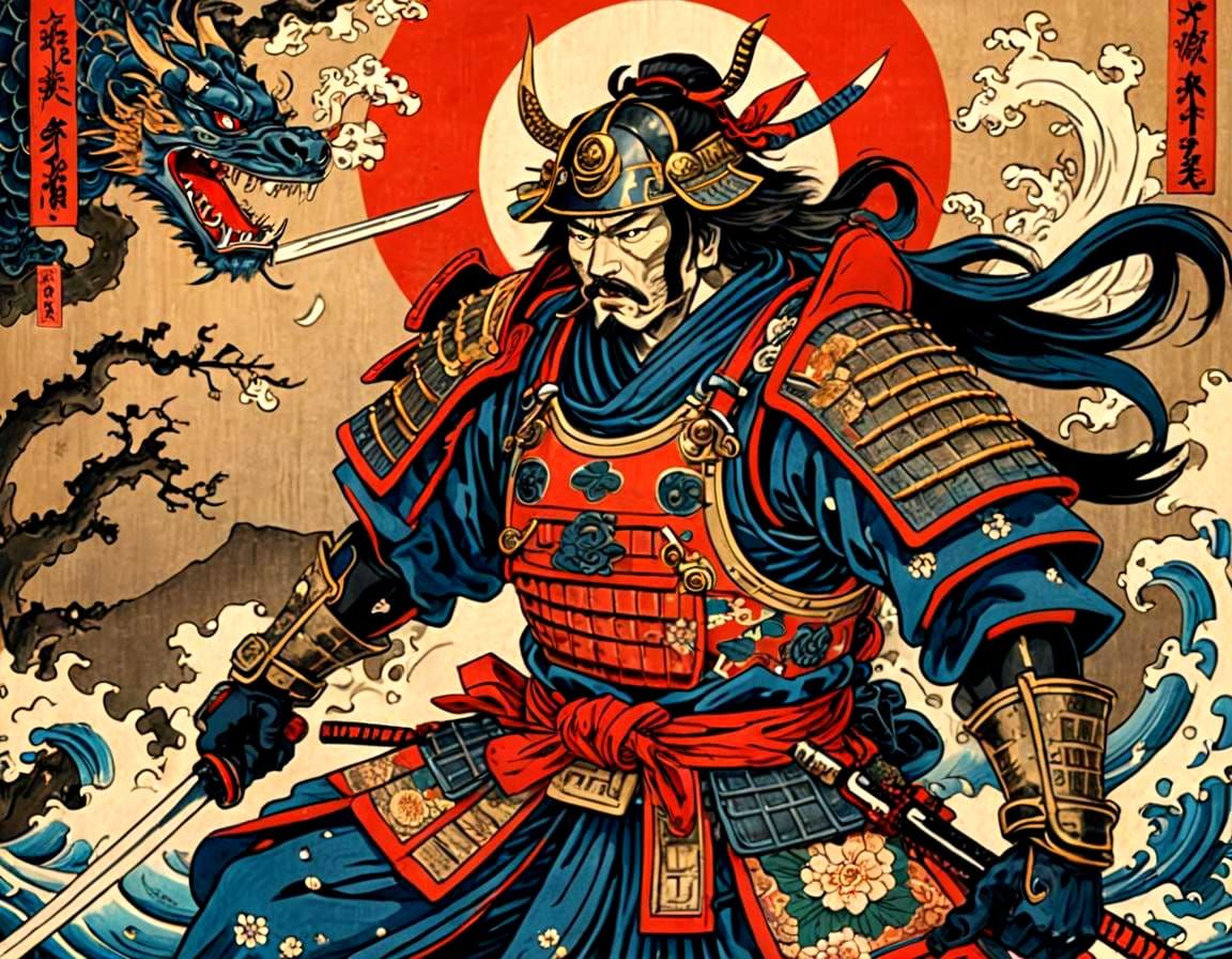 Samurai Battle Under Red Sun: Woodblock Print