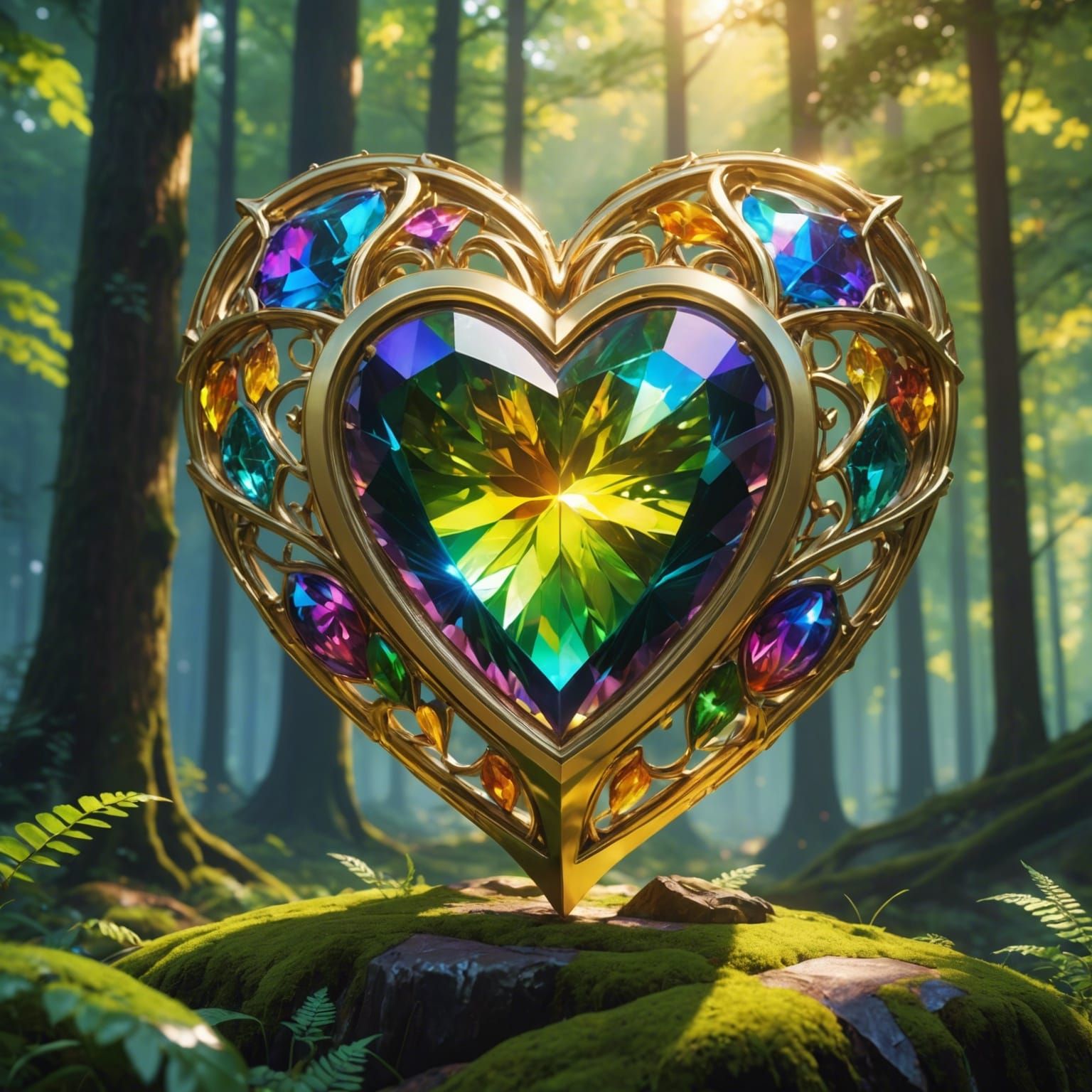 Radiant Rainbow Heart Jewel in Forest, Anime Style