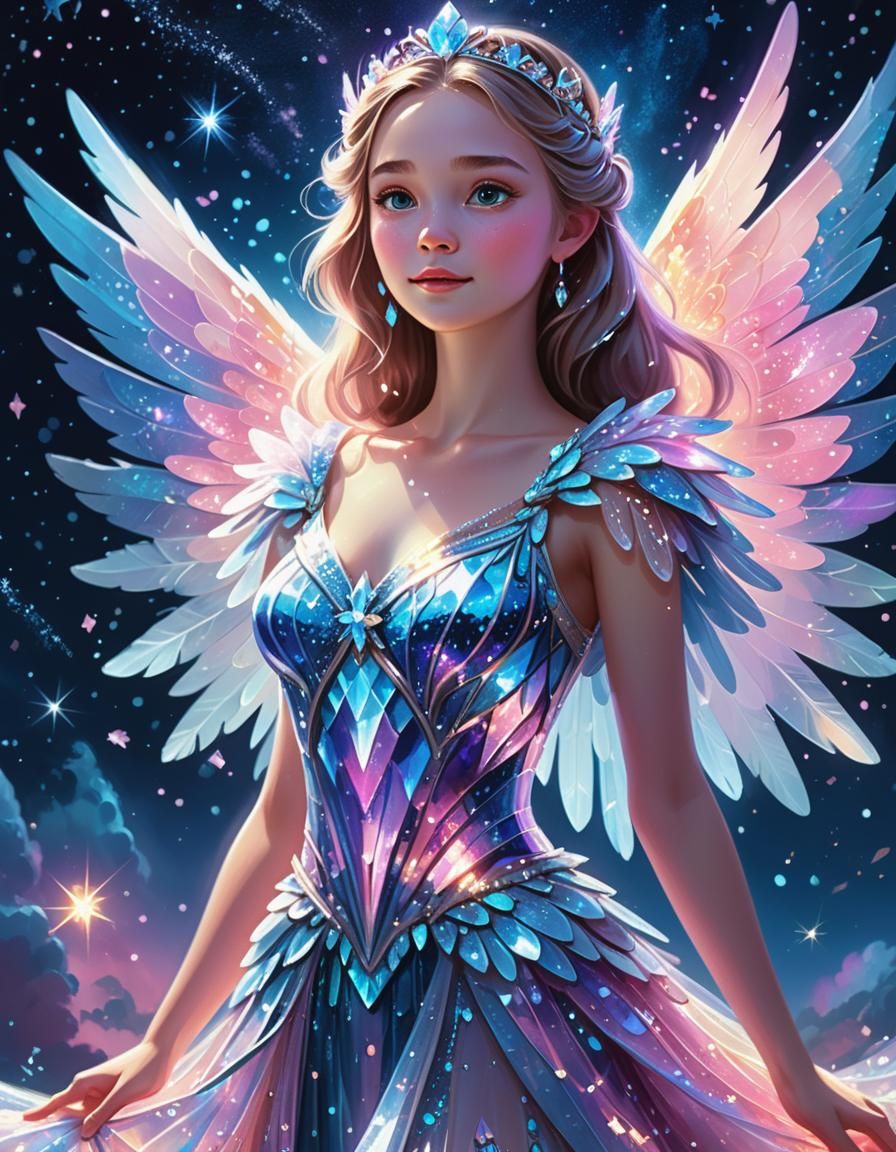 Crystal Princess with Wings in Dreamy Night Sky