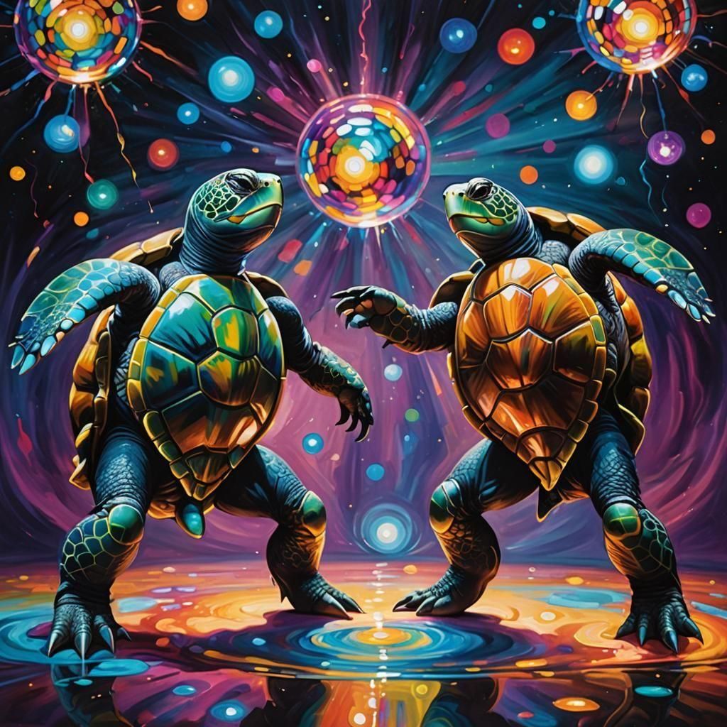 Turtle Couple's Disco Dance, Surreal Melting Art