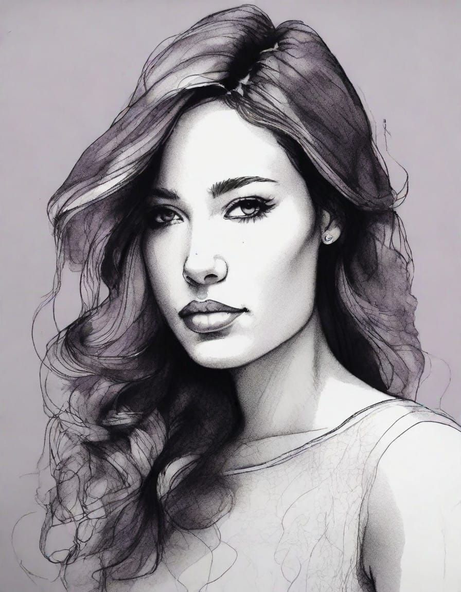 female portrait,  pen line and wash, monochromatic