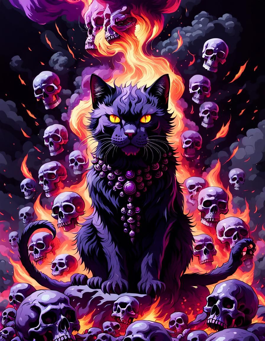 Infernal Giant Cat Surrounded by Skulls