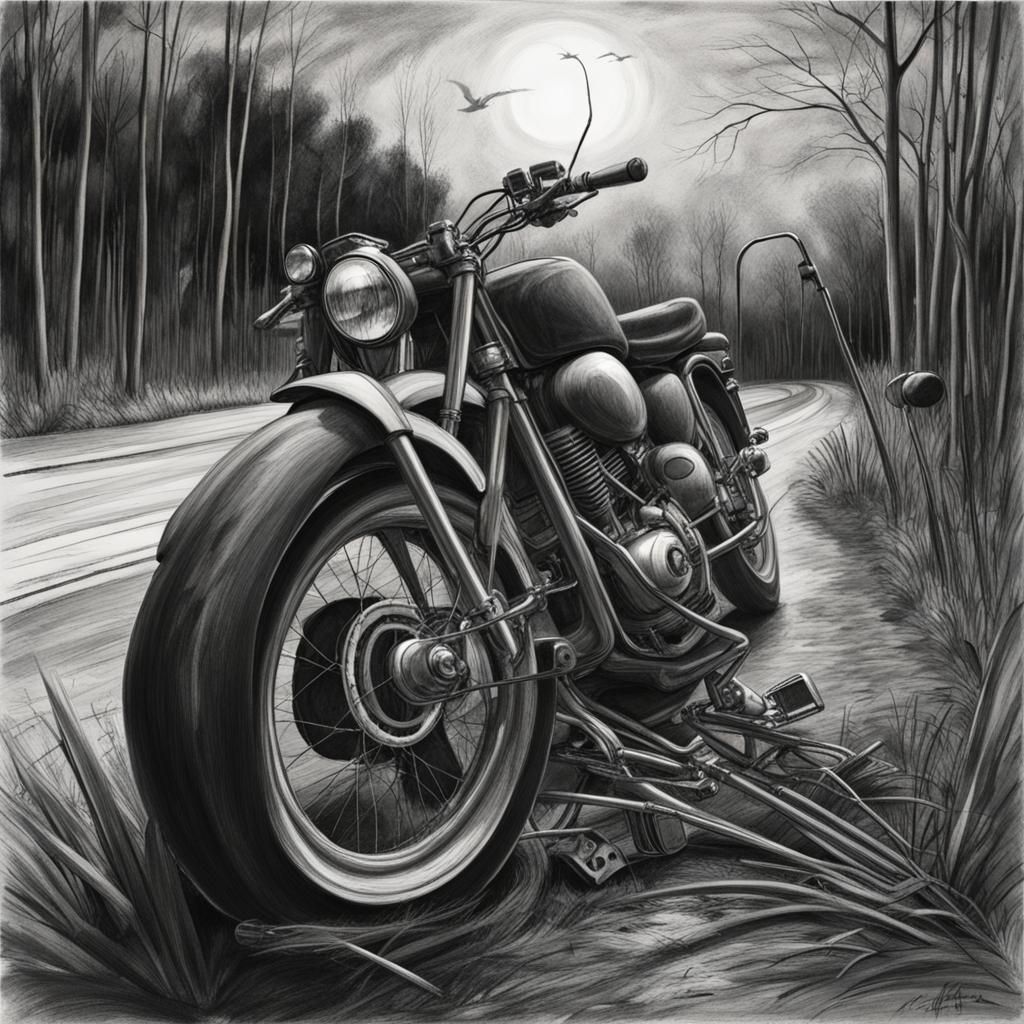 Motorcycle Accident Scene in Charcoal Drawing Style