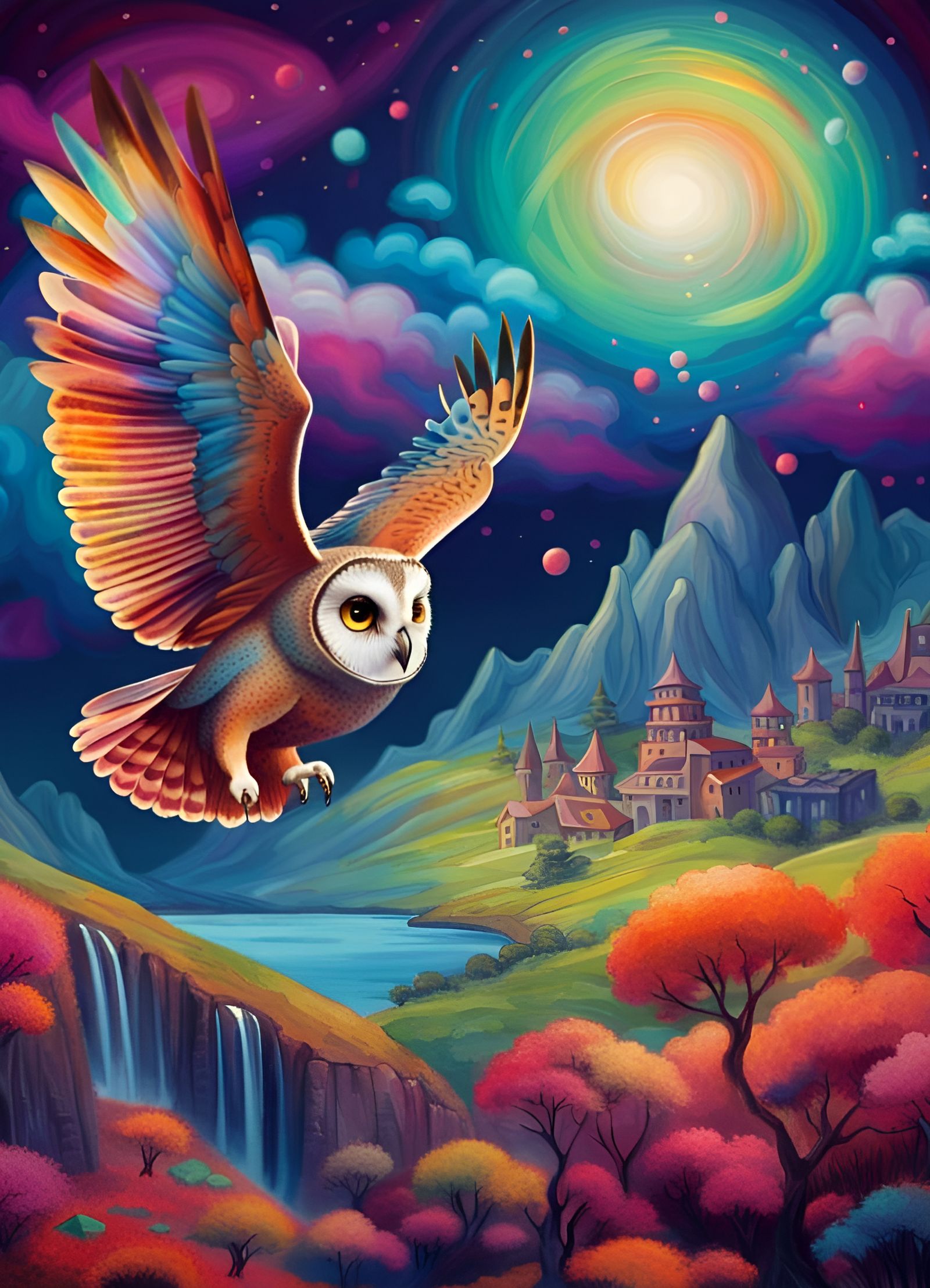 Owl in Flight Over Vivid Fantasy World