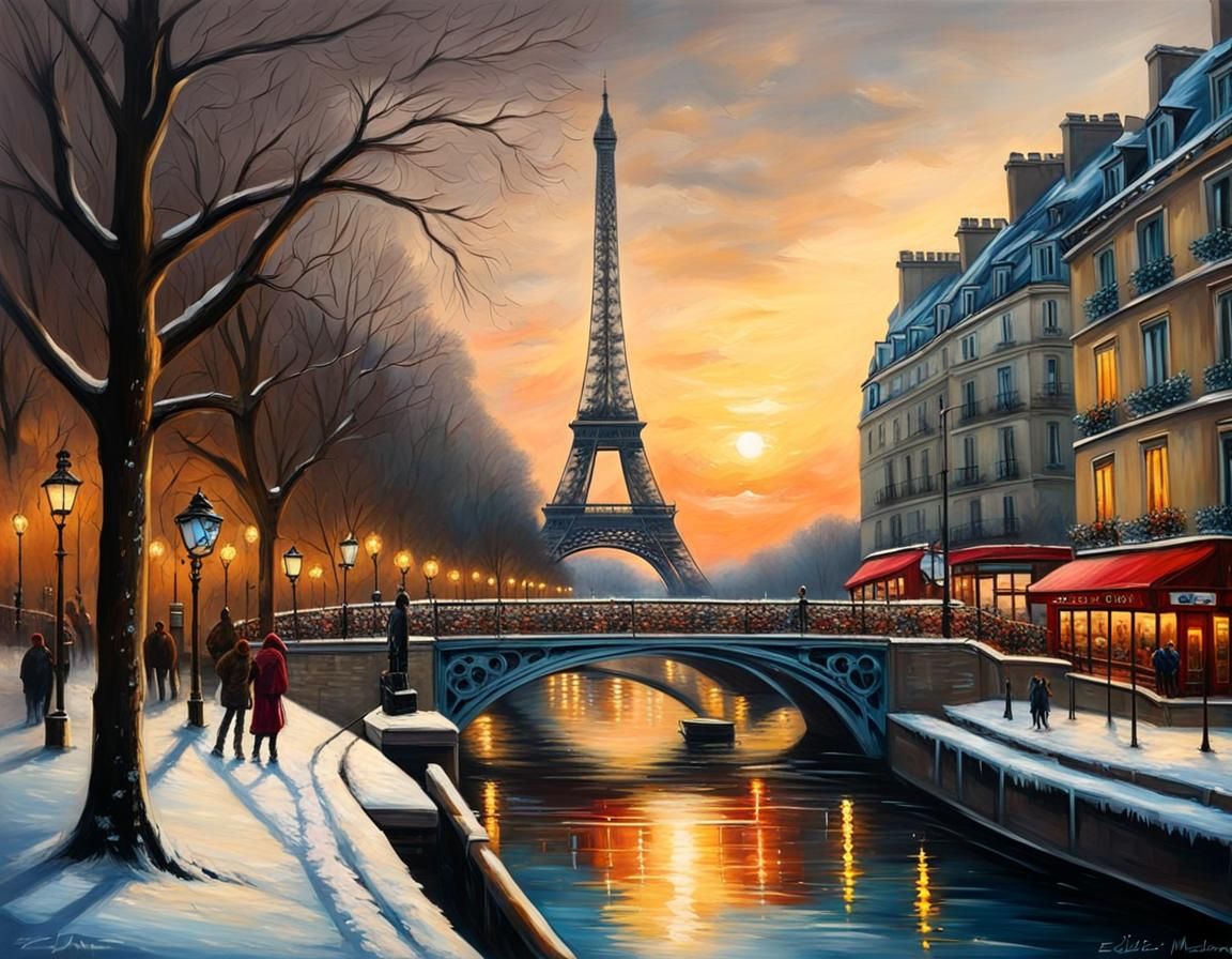 Frozen Seine River in Paris: Oil Painting