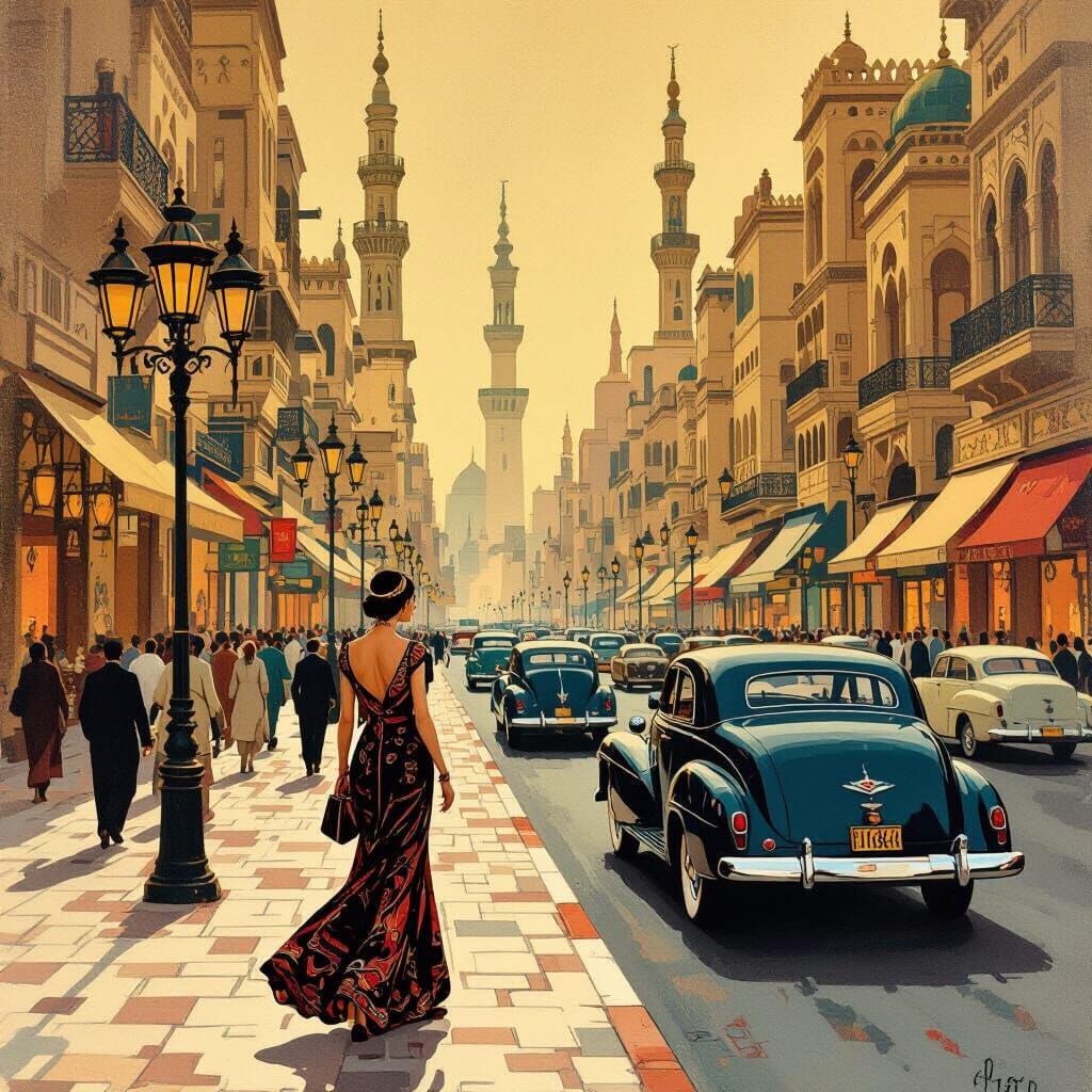 Cairo 1950s Street Scene in Art Deco Style