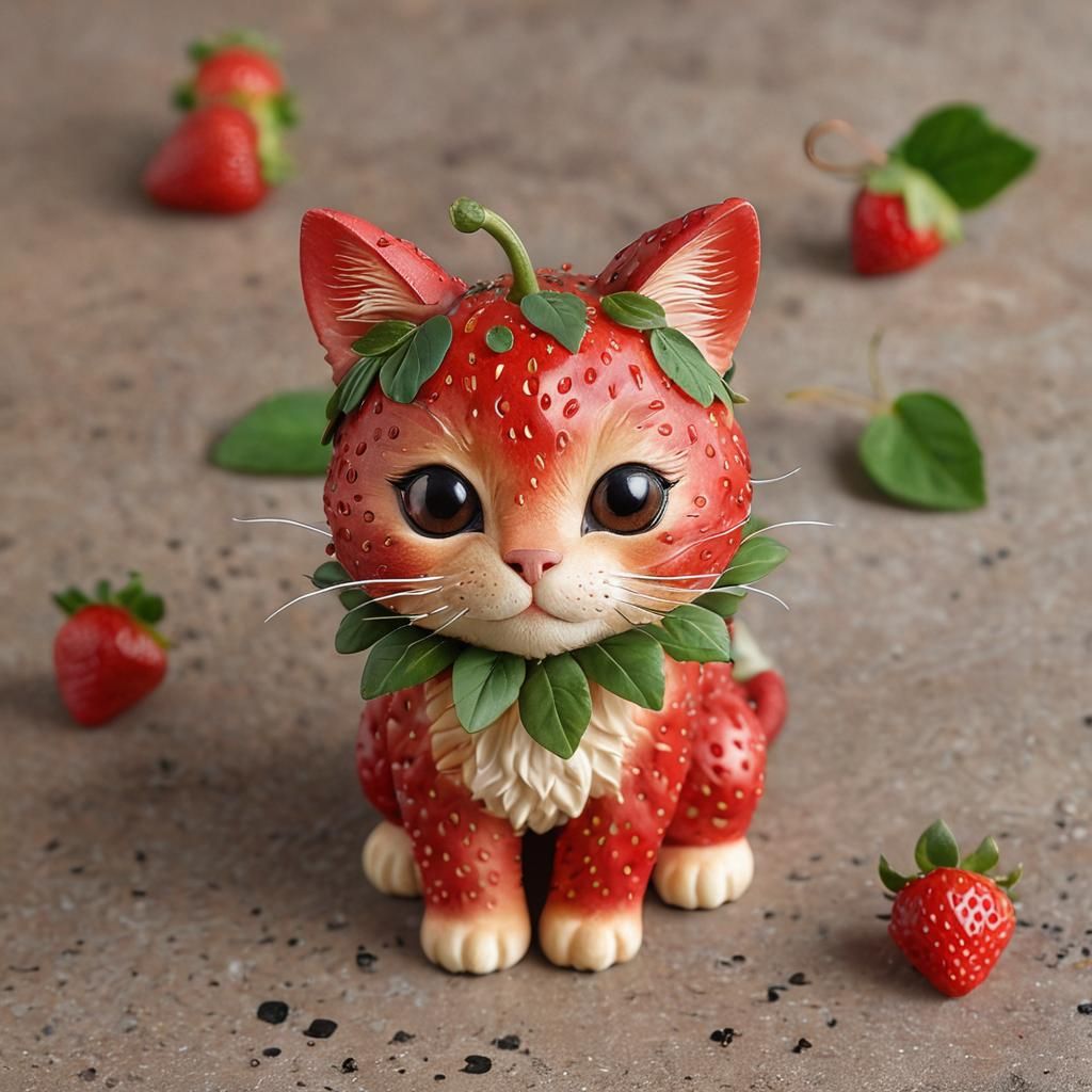 Strawberry Cat with Leafy Ears: A Whimsical Creation