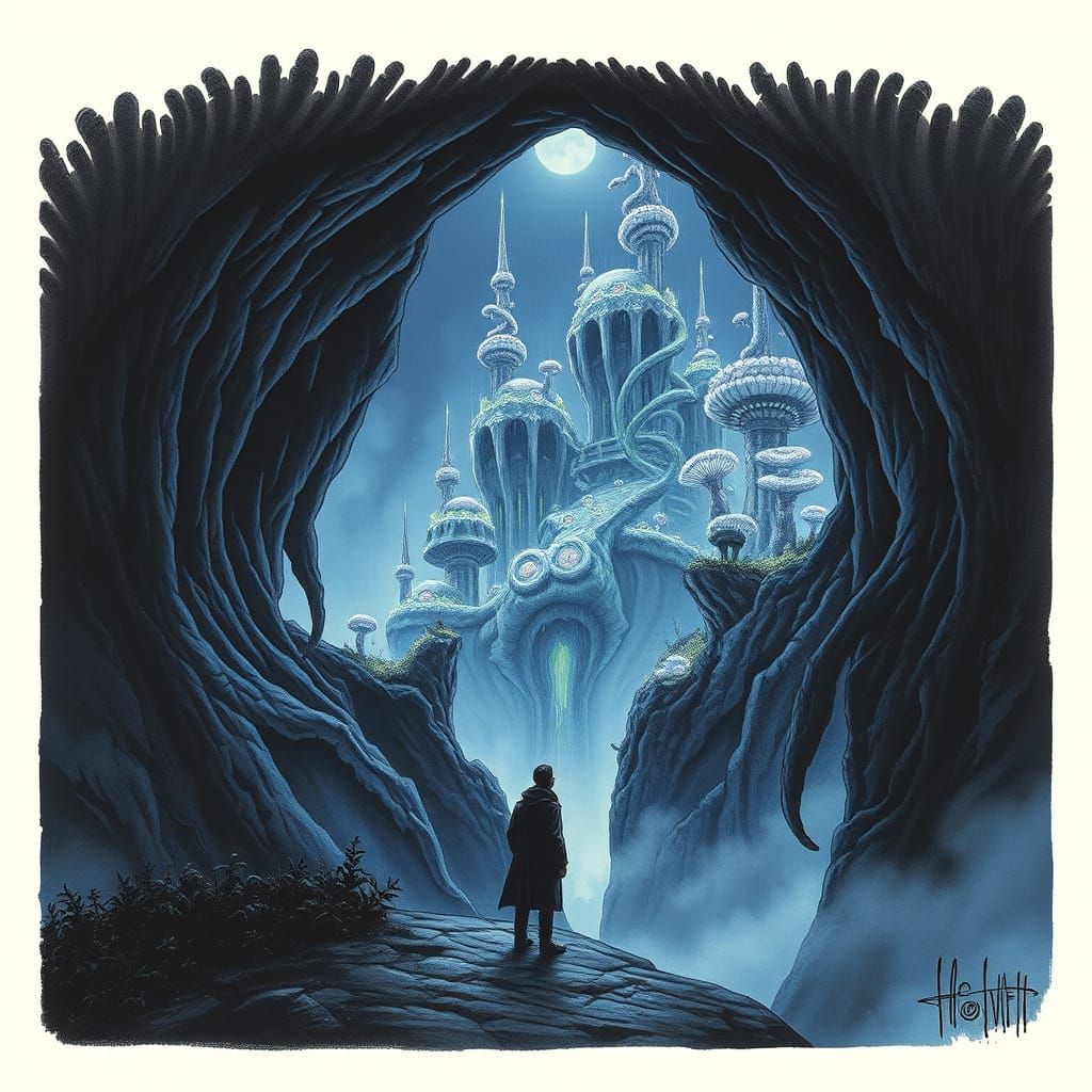 Bioluminescent City in Underground Cavern, Gothic Fantasy
