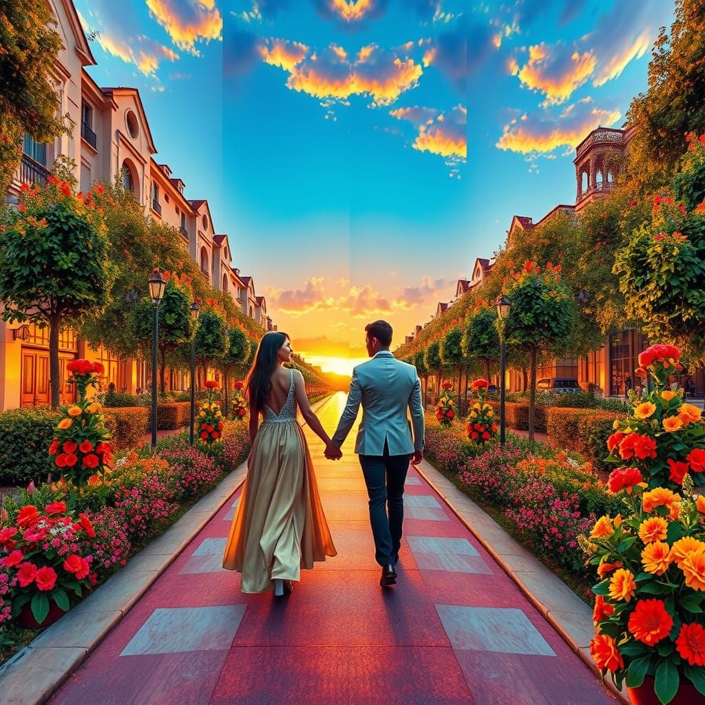 Romantic Sunset Walk in Kaleidoscope Art Style