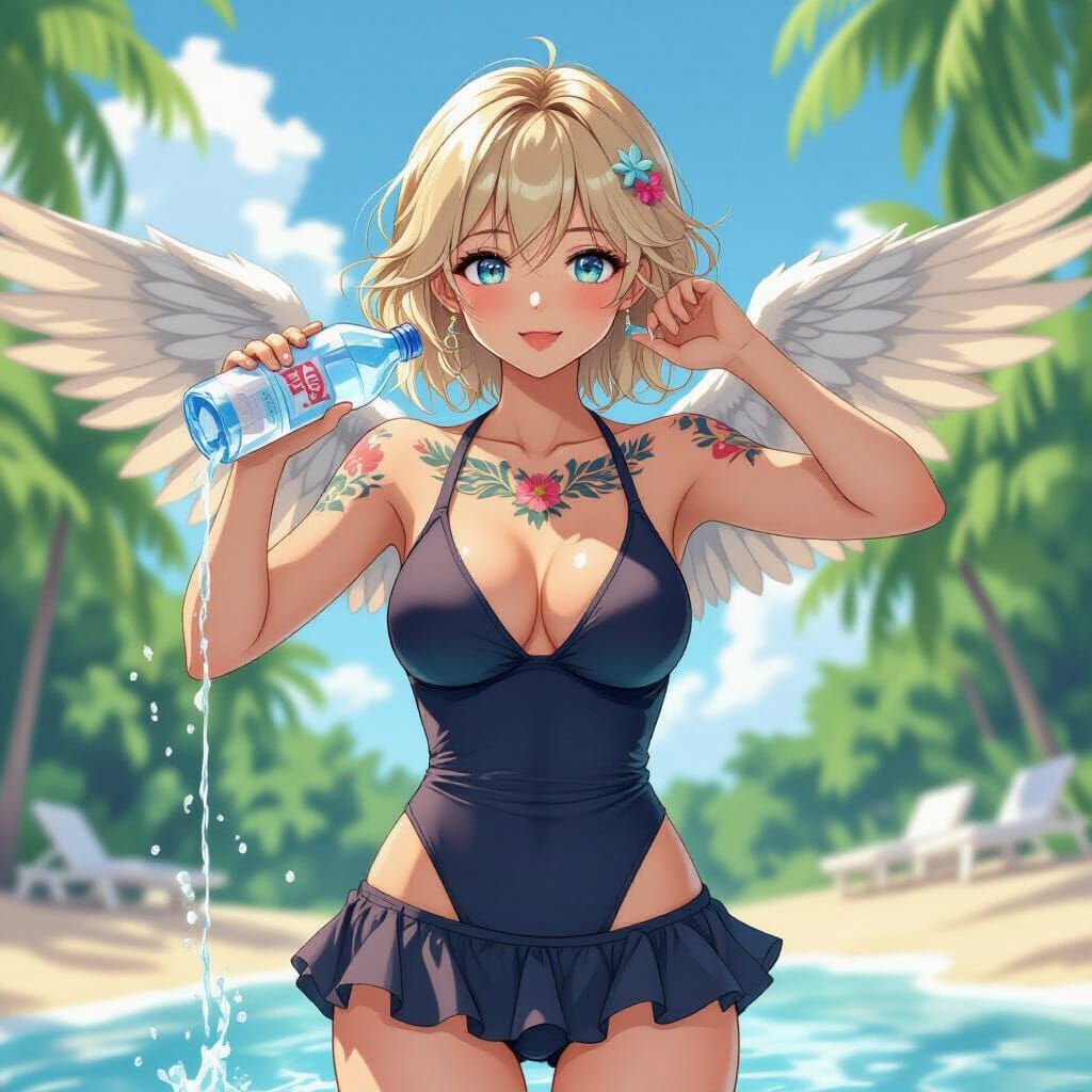 Anime-Style Woman with Tattoos in Summer