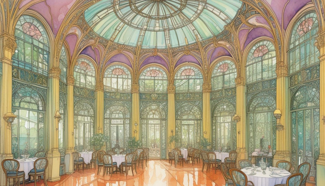 Art Nouveau Tea Room: Dreamy Watercolor Illustration