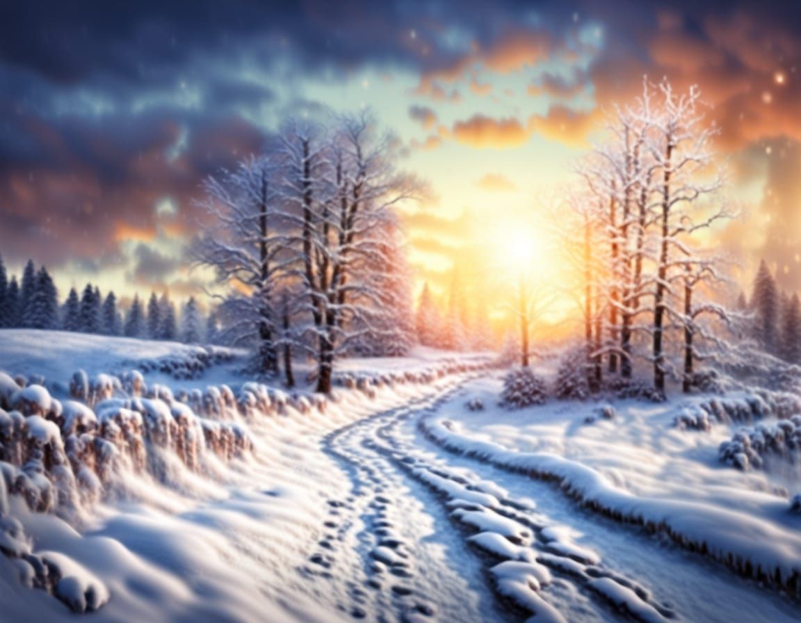 Vibrant Snowy Sunrise in a Whimsical Winter Wonderland