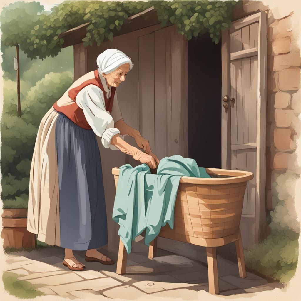 Renaissance Laundry Scene: Elderly Woman in Summer