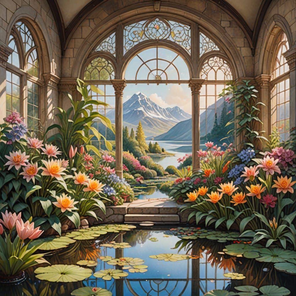 Serene Greenhouse with Mountain View, Watercolor Painting