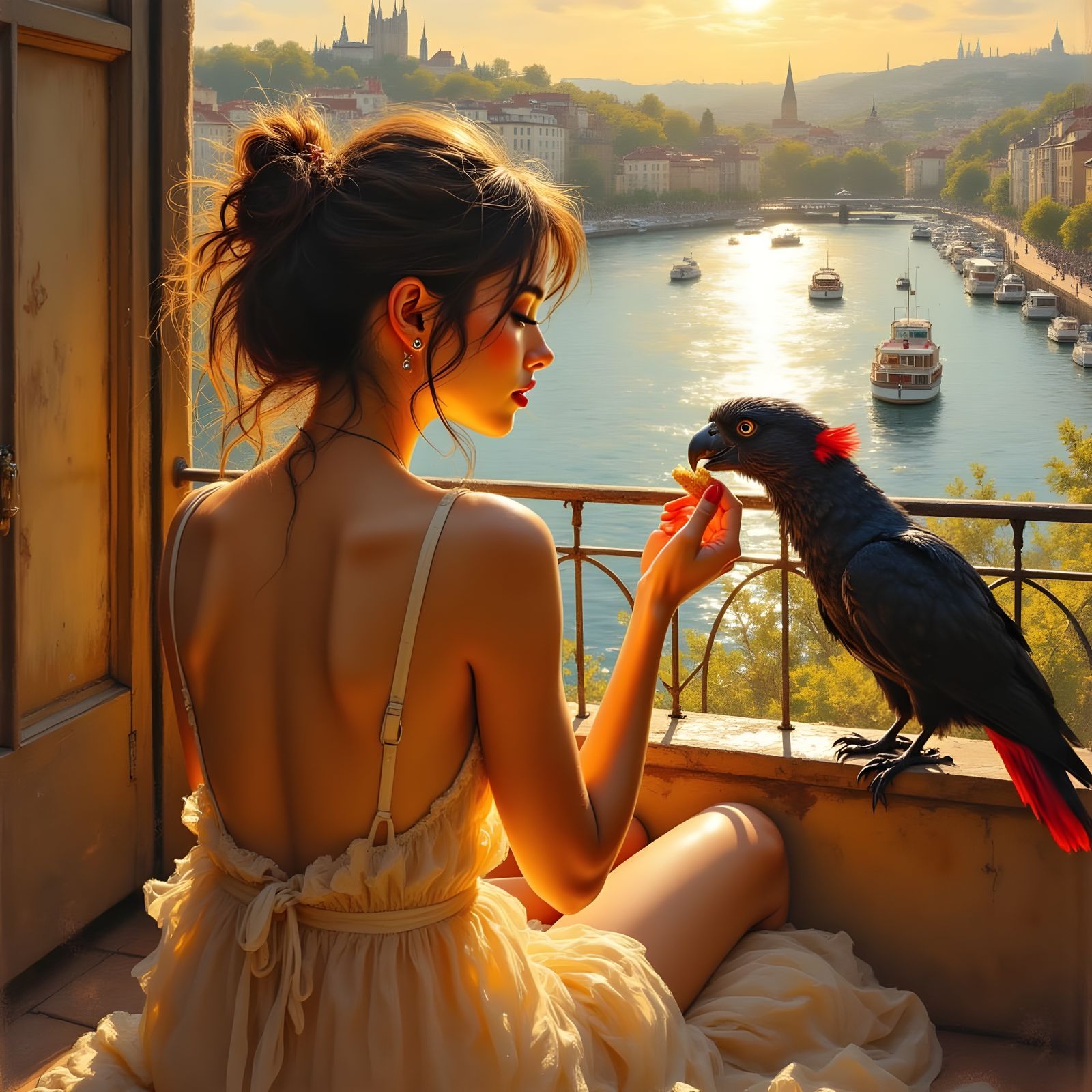 Woman and Cockatoo on Balcony in Impressionist Style