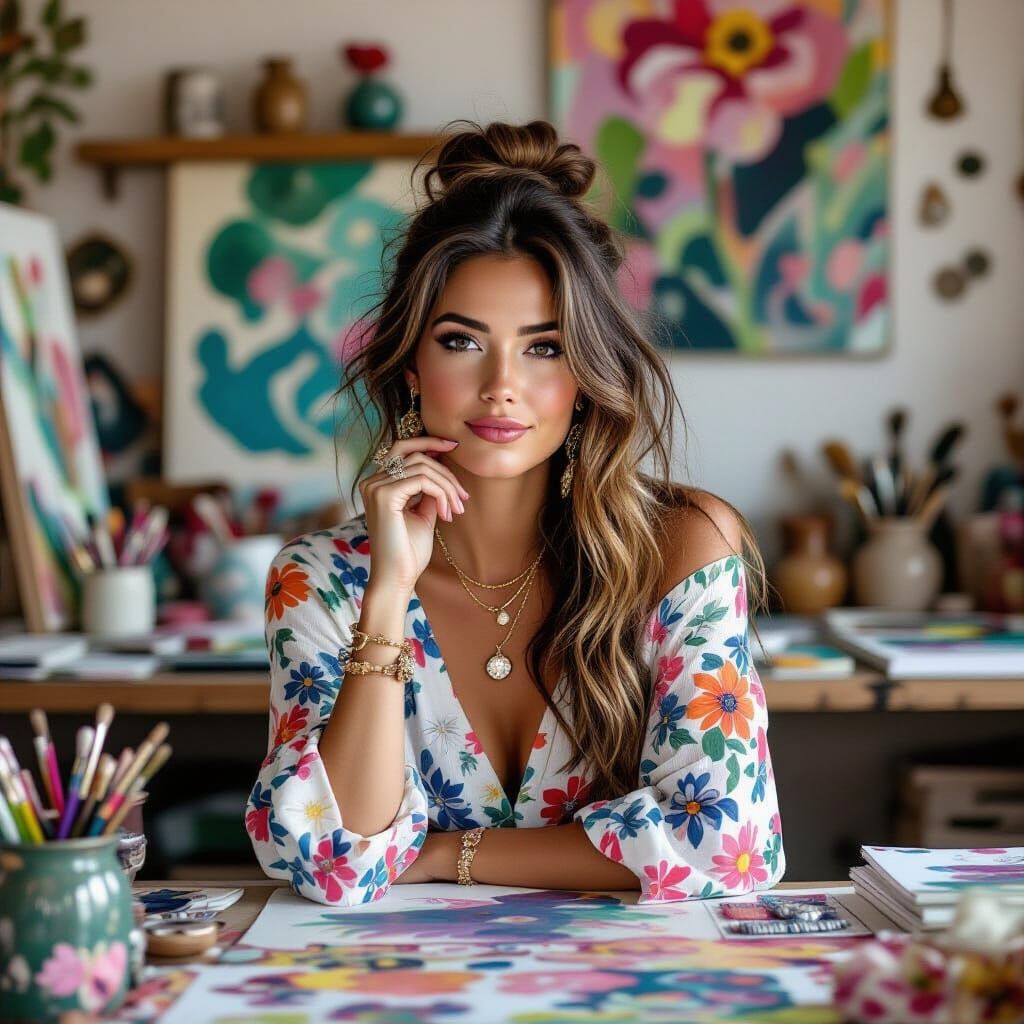 Artist in Studio with Handmade Jewellery and Paintings