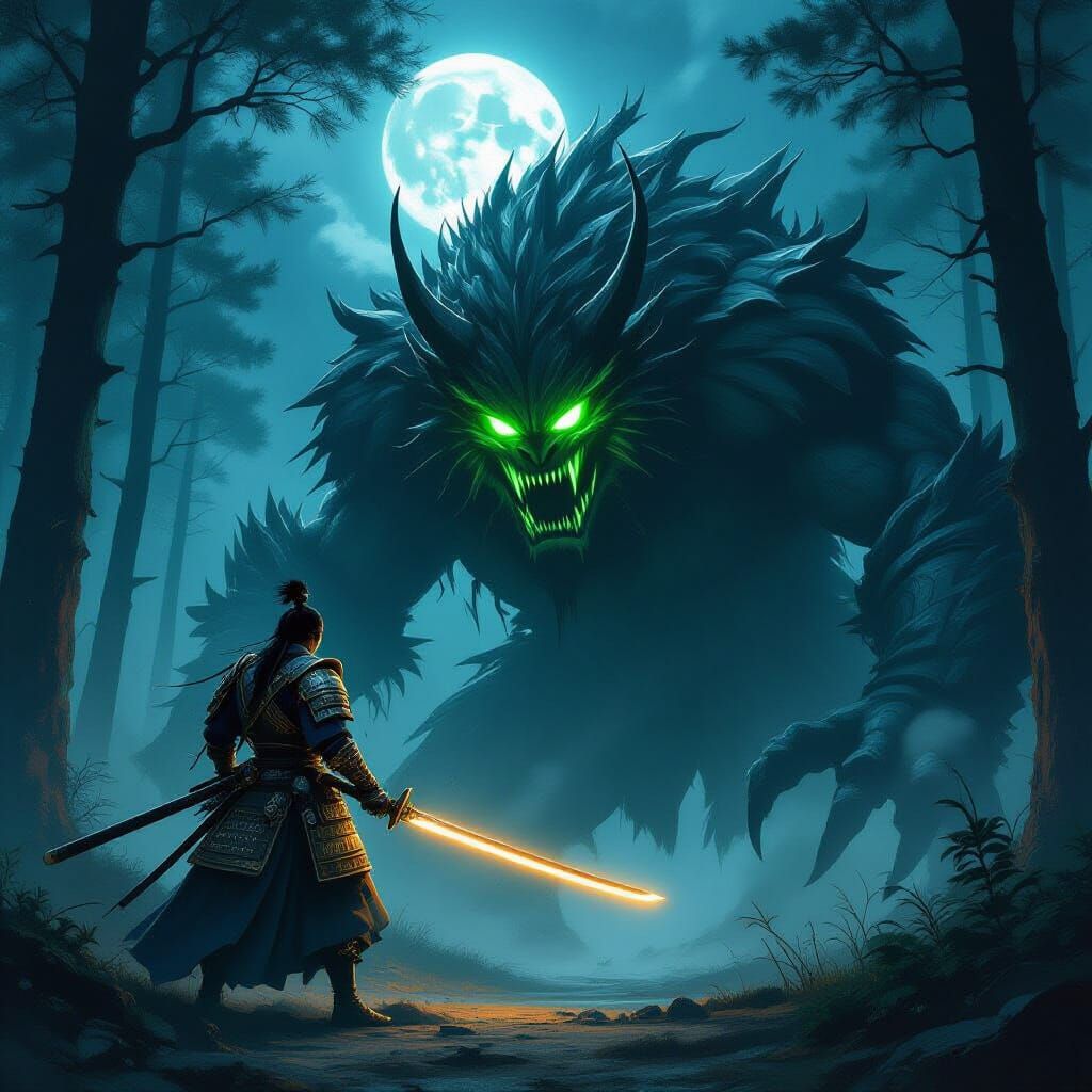 Samurai Battles Colossal Demon in Misty Forest