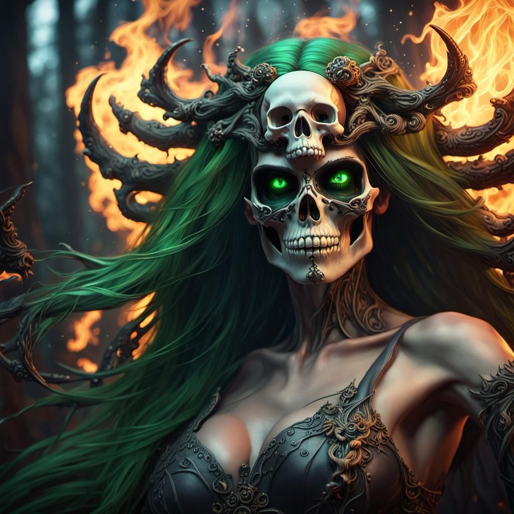 Goddess of Death with Skull: Dark Fantasy Art