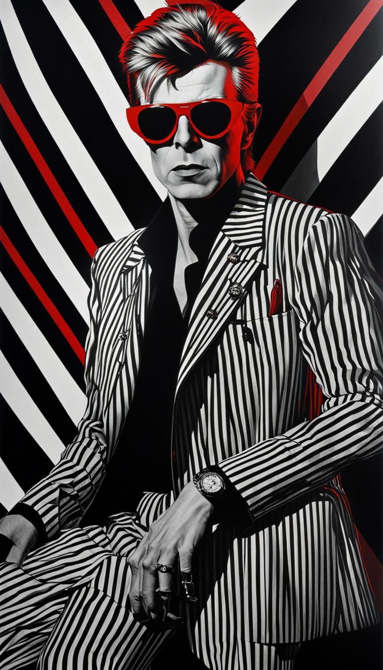 David Bowie  in front of a vertical striped black and white wall, wearing black jacket, red red sun glasses and a horizo...