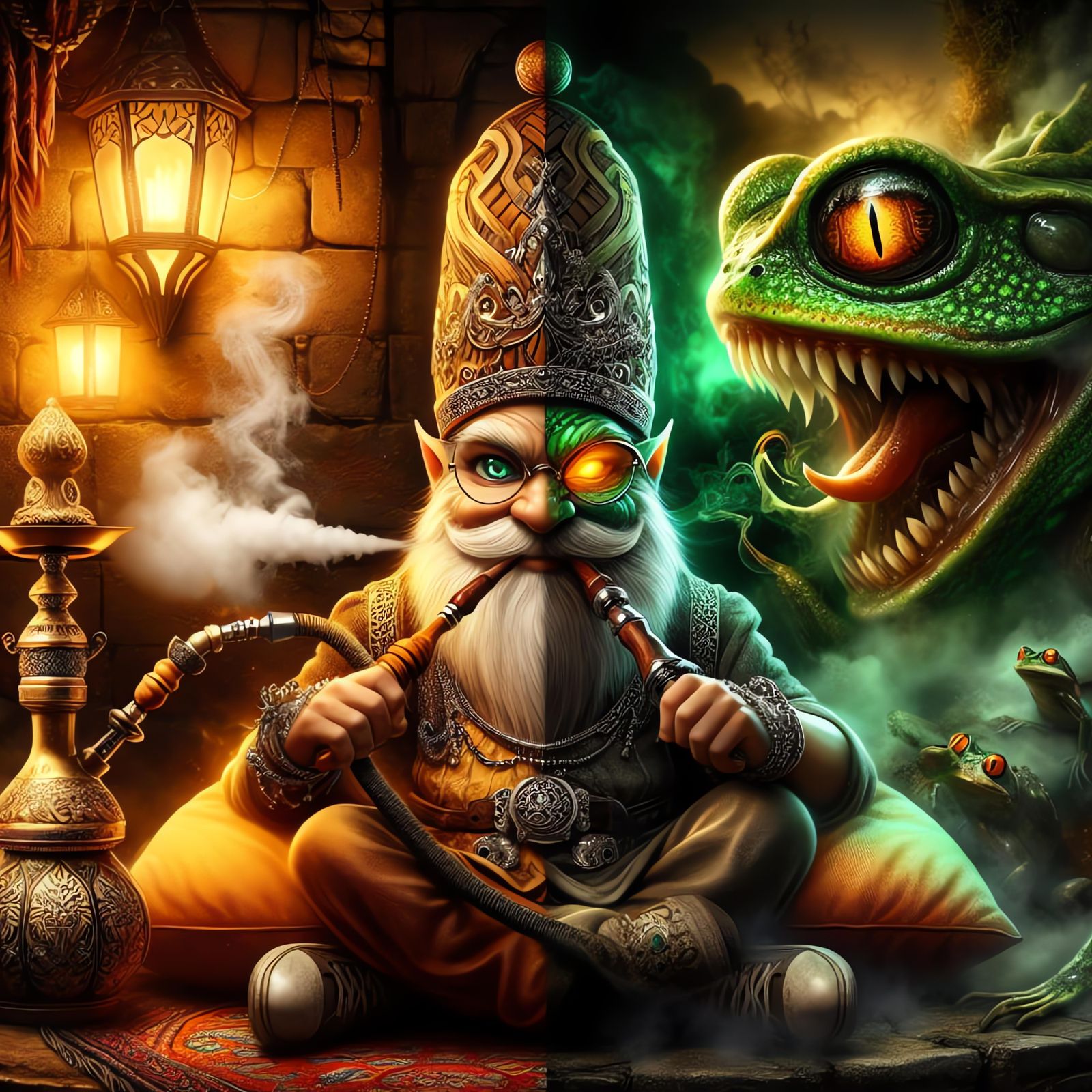 Gnome and Frog Split Image in Mystical Setting