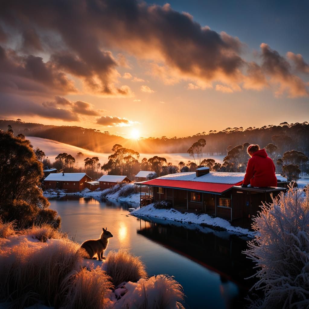 Australian Snow Village Scene with Kangaroo and Wombat