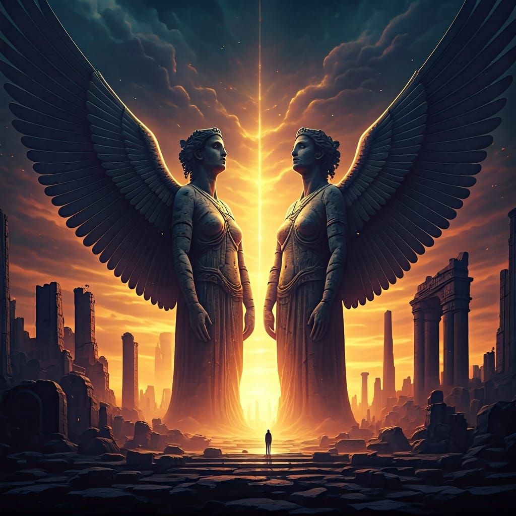 Majestic Stone Statues Guard Portal in Mystic Twilight