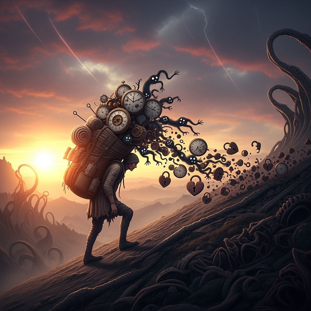 Figure Burdened by Fears on Desolate Hill