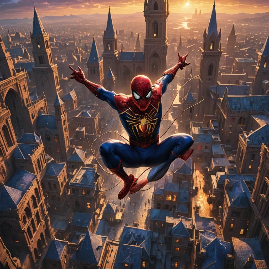 Spider-Man Swings Through Mystical City at Dusk