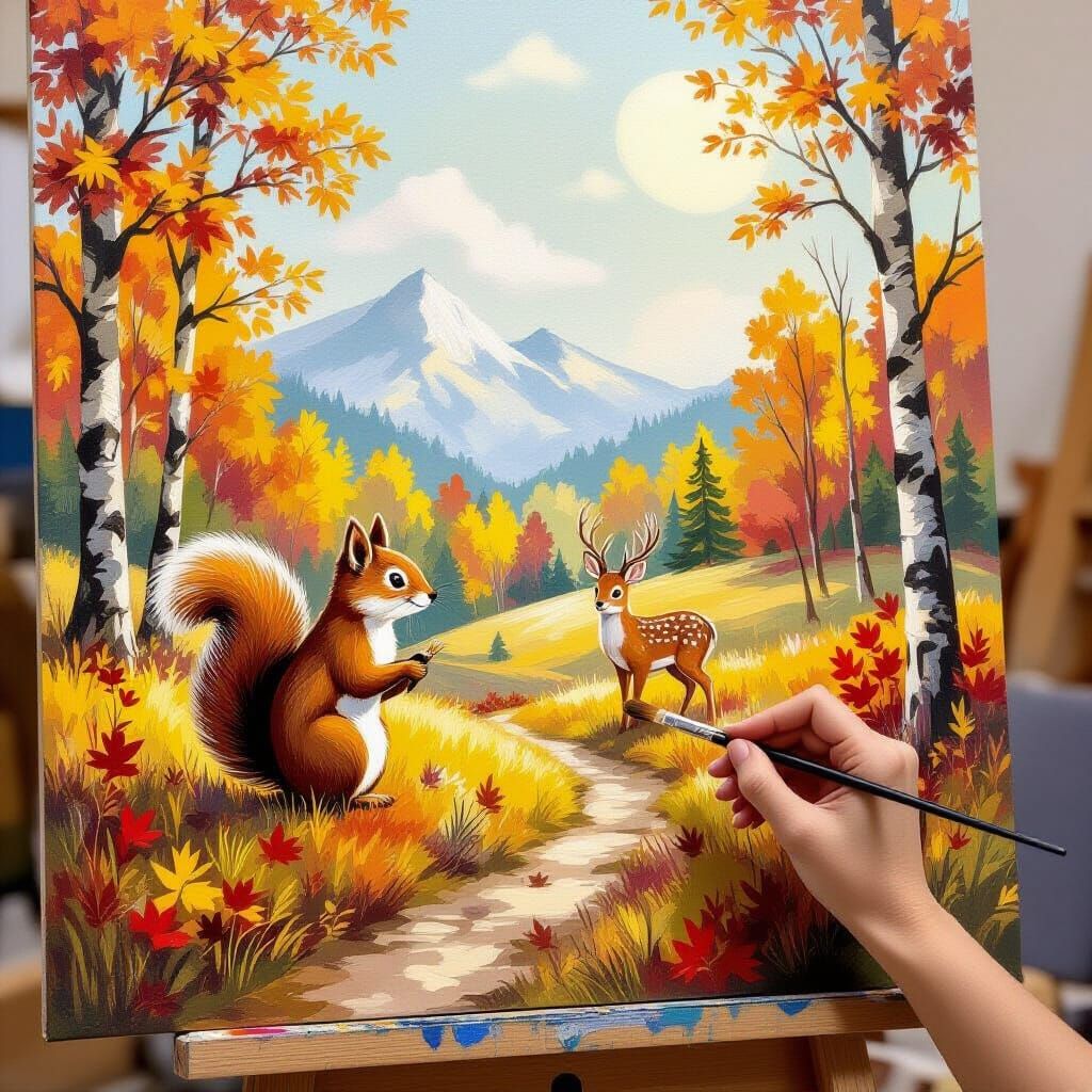 Autumn Landscape Painting With Squirrel and Doe
