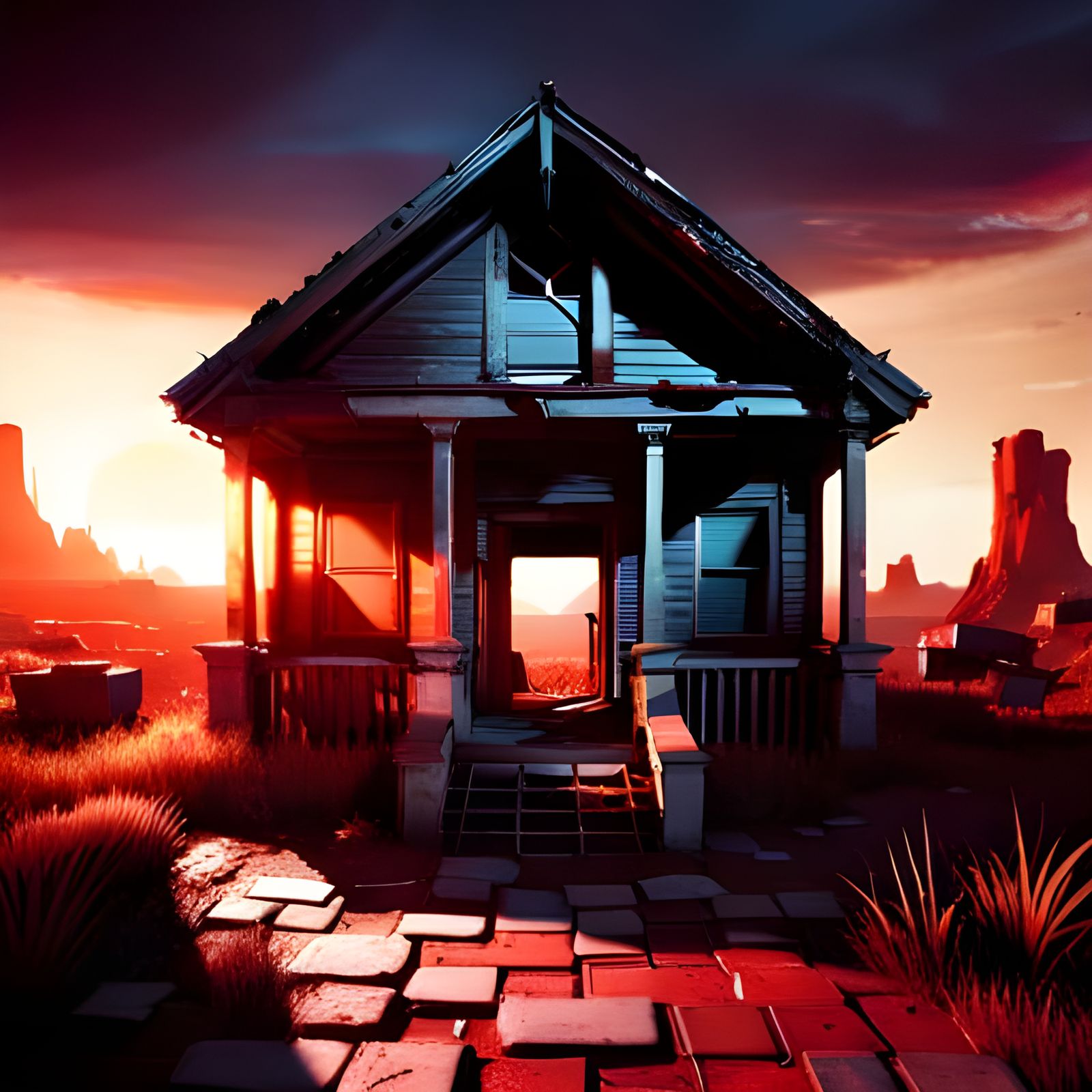 Abandoned House at Sunset in 3D Cinematic Style