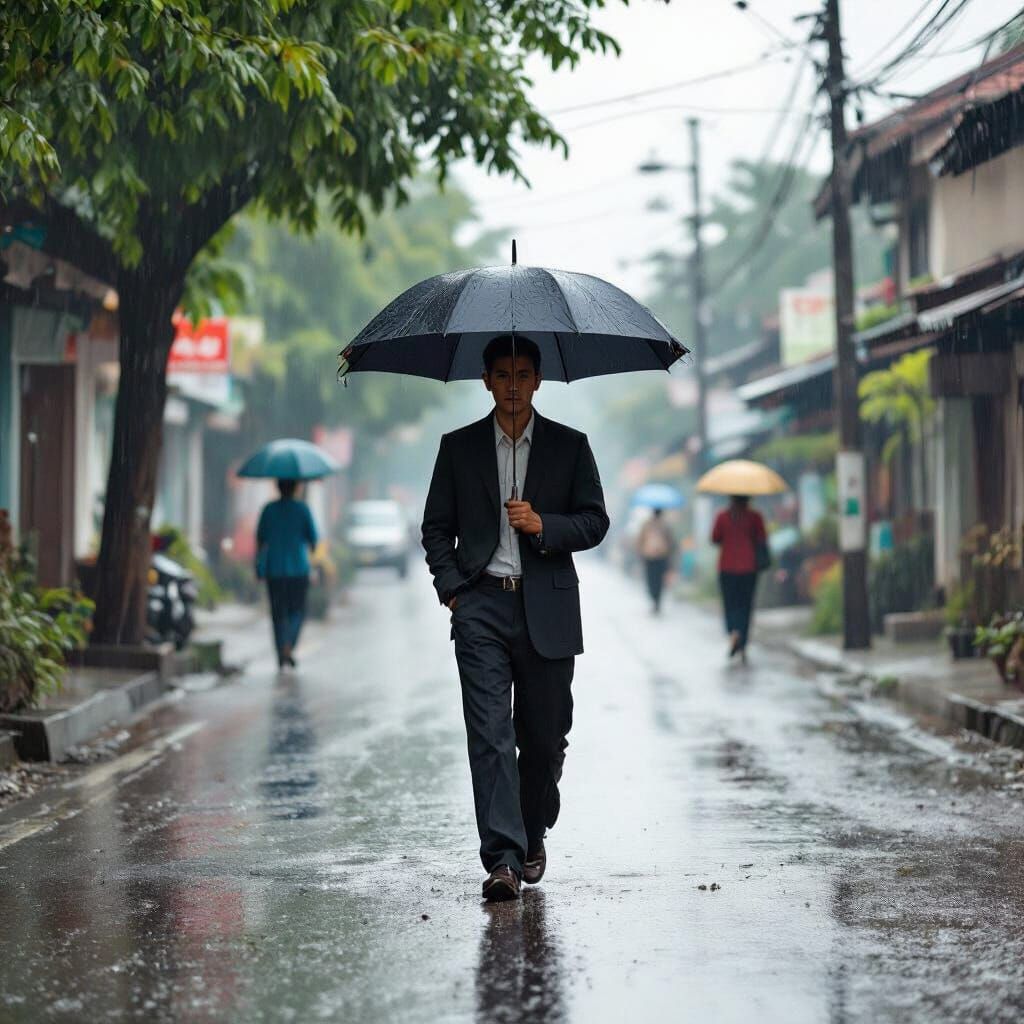 Peaceful Man Walks in Rainy Village Street
