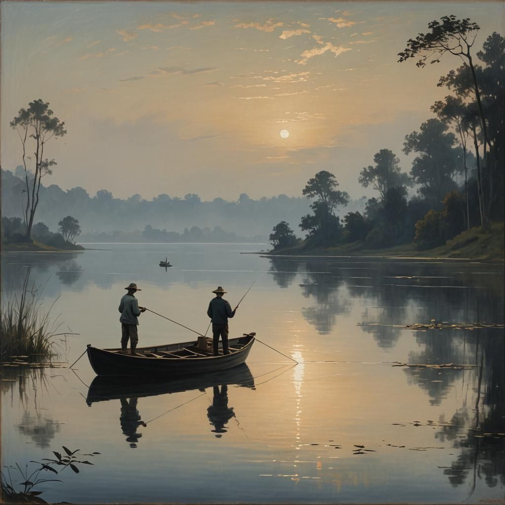 Fishermen at Sunset: Impressionistic Lake Scene