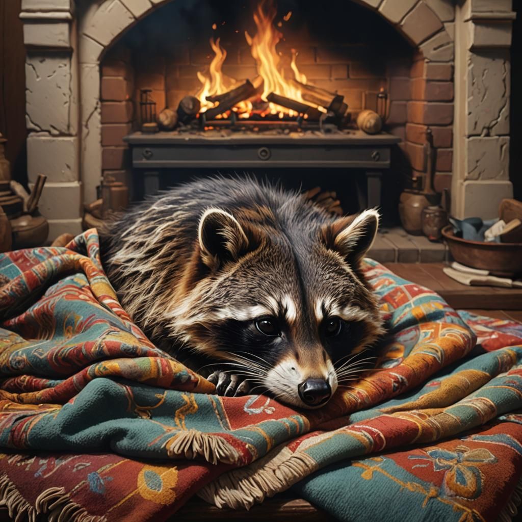 Raccoon Asleep by Fireplace: Hyperrealistic Splash Art