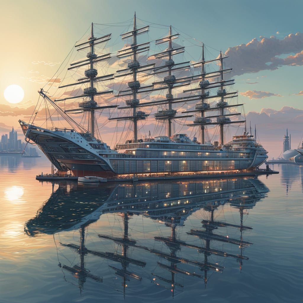 Glowing Solarpunk Harbour Scene with Elegant Sailing Ship